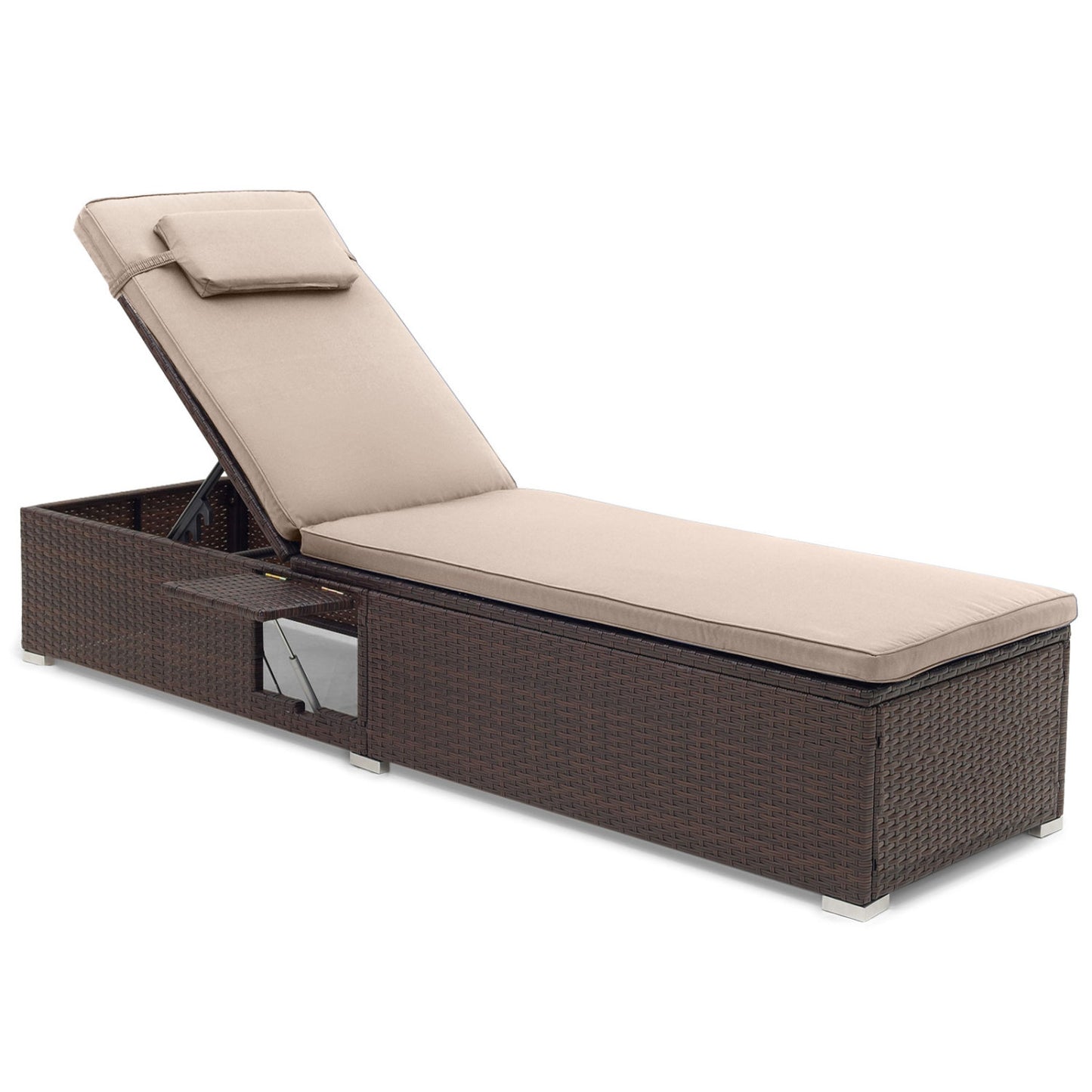 PE Rattan Chaise Lounge, 6-Position Adjustable Backrest, Brown