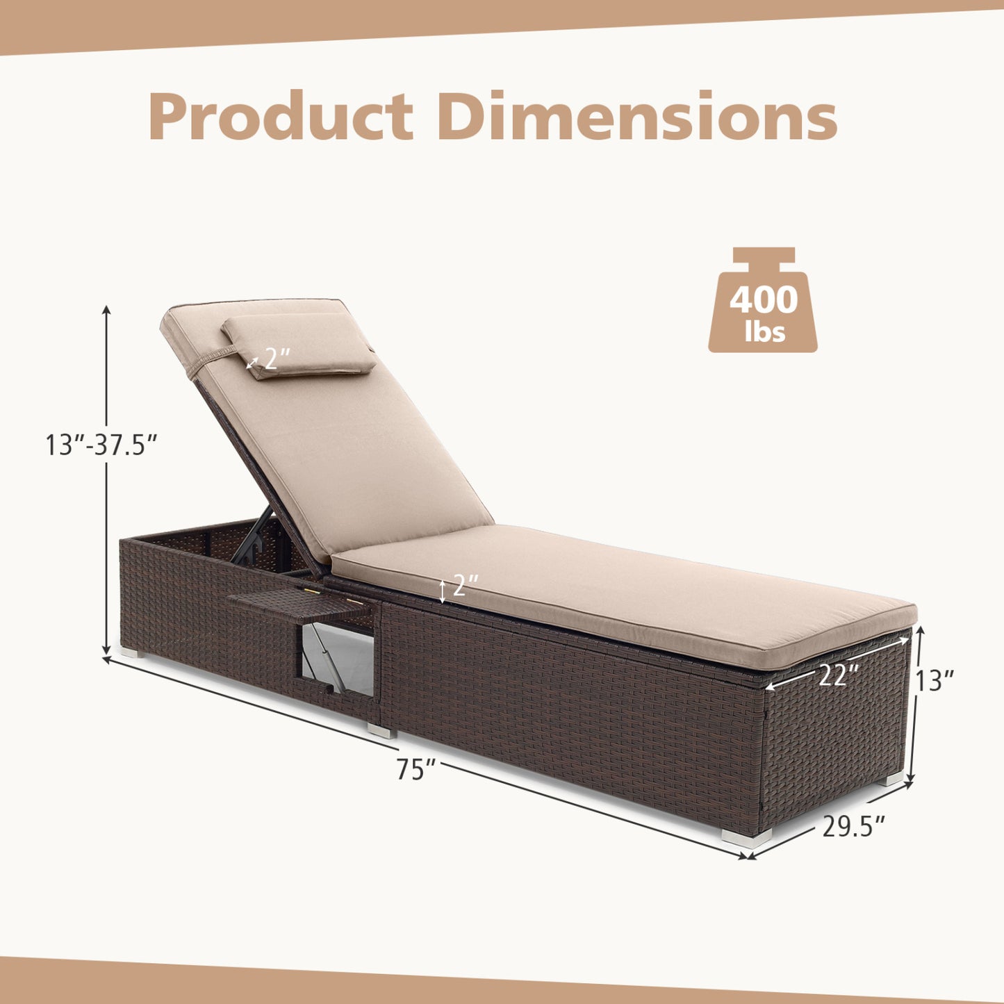 PE Rattan Chaise Lounge, 6-Position Adjustable Backrest, Brown