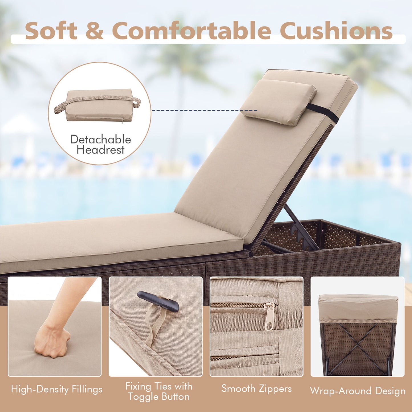 PE Rattan Chaise Lounge, 6-Position Adjustable Backrest, Brown