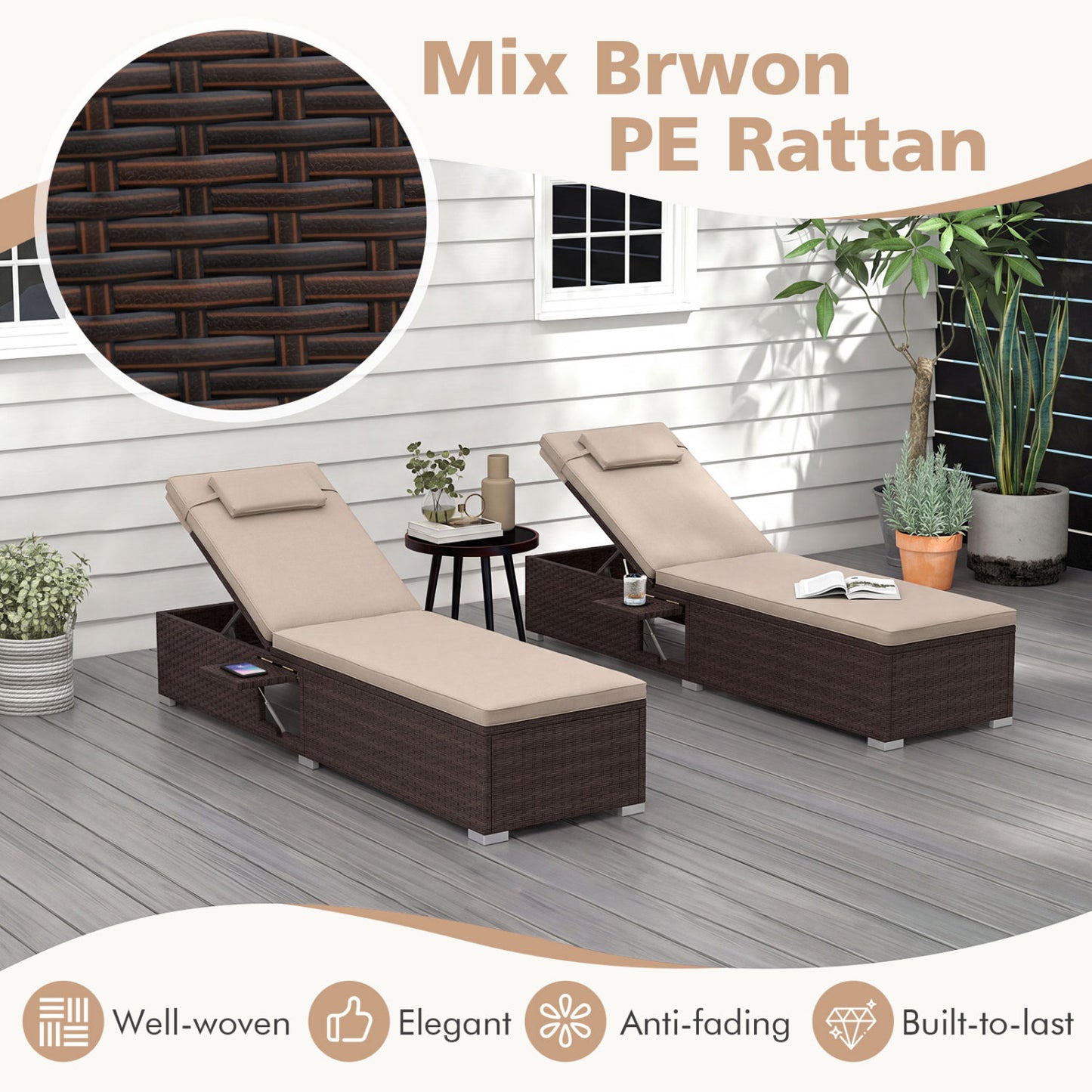 PE Rattan Chaise Lounge, 6-Position Adjustable Backrest, Brown