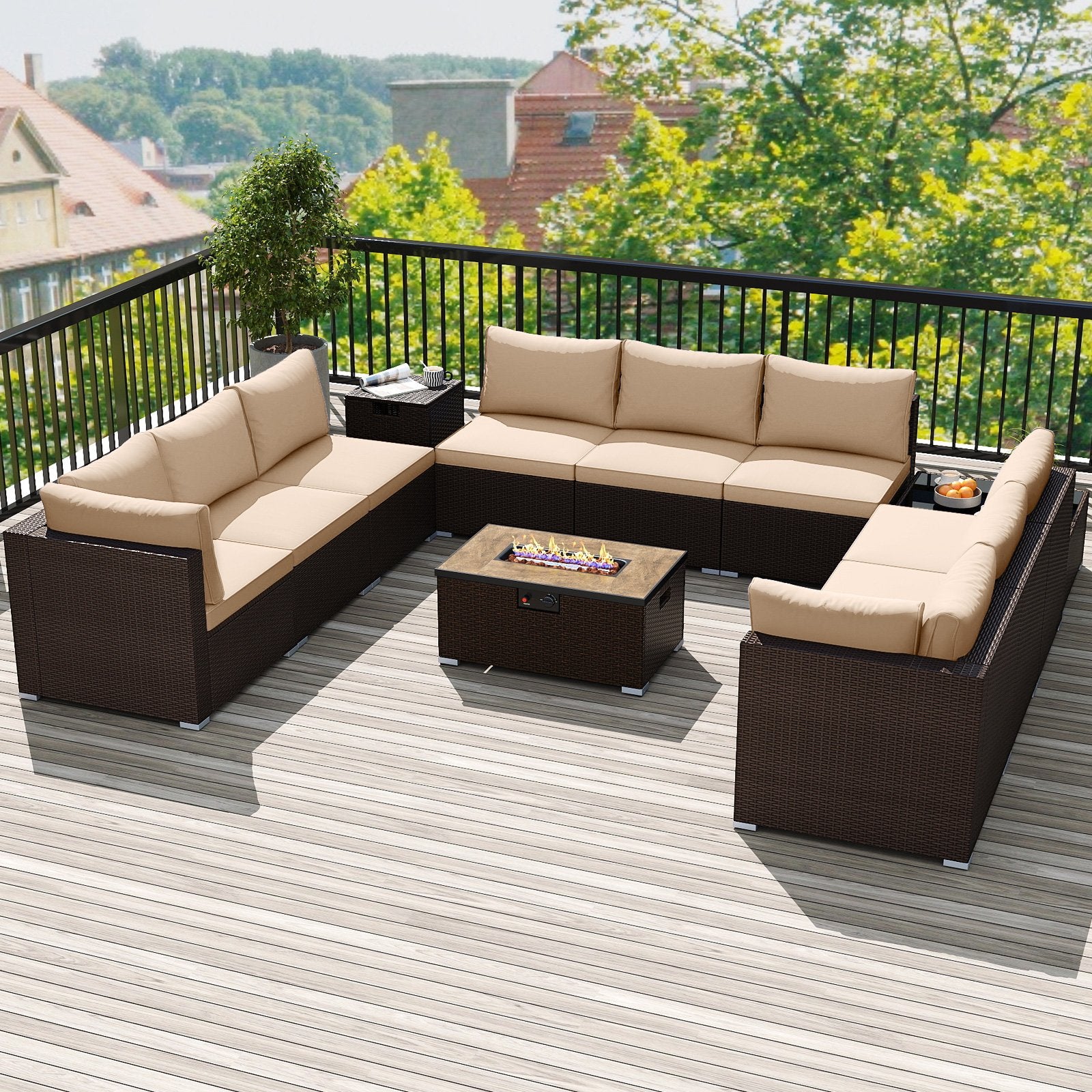 Outdoor PE Rattan Conversation Set with 32” Propane Fire Pit Table and Tank Holder, Beige Patio Conversation Sets at Gallery Canada