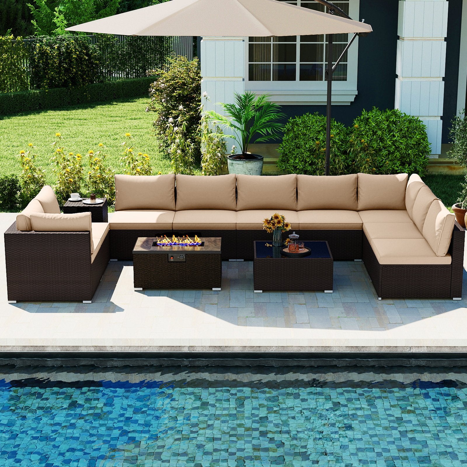 Outdoor PE Rattan Conversation Set with 32” Propane Fire Pit Table and Tank Holder, Beige Patio Conversation Sets at Gallery Canada