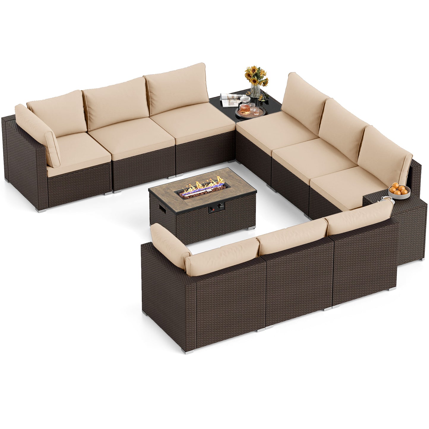 Outdoor Rattan Conversation Set, 32” Fire Pit Table With Tank Holder, Beige Patio Conversation Sets Beige at Gallery Canada
