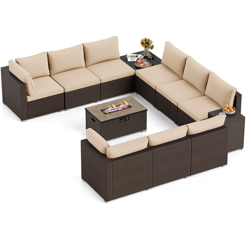Outdoor Rattan Conversation Set, 32” Fire Pit Table With Tank Holder, Beige