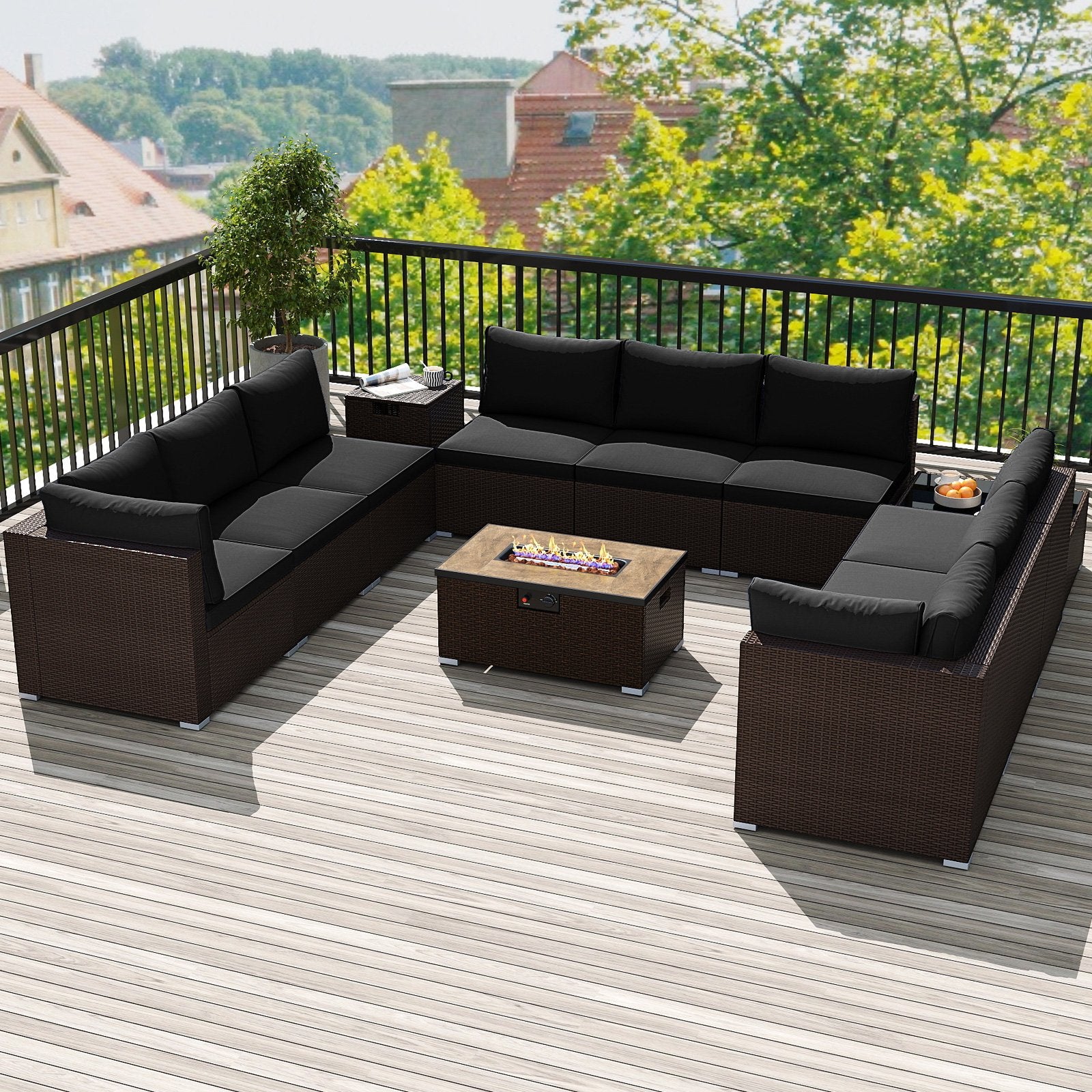 Outdoor PE Rattan Conversation Set with 32” Propane Fire Pit Table and Tank Holder, Black Patio Conversation Sets at Gallery Canada