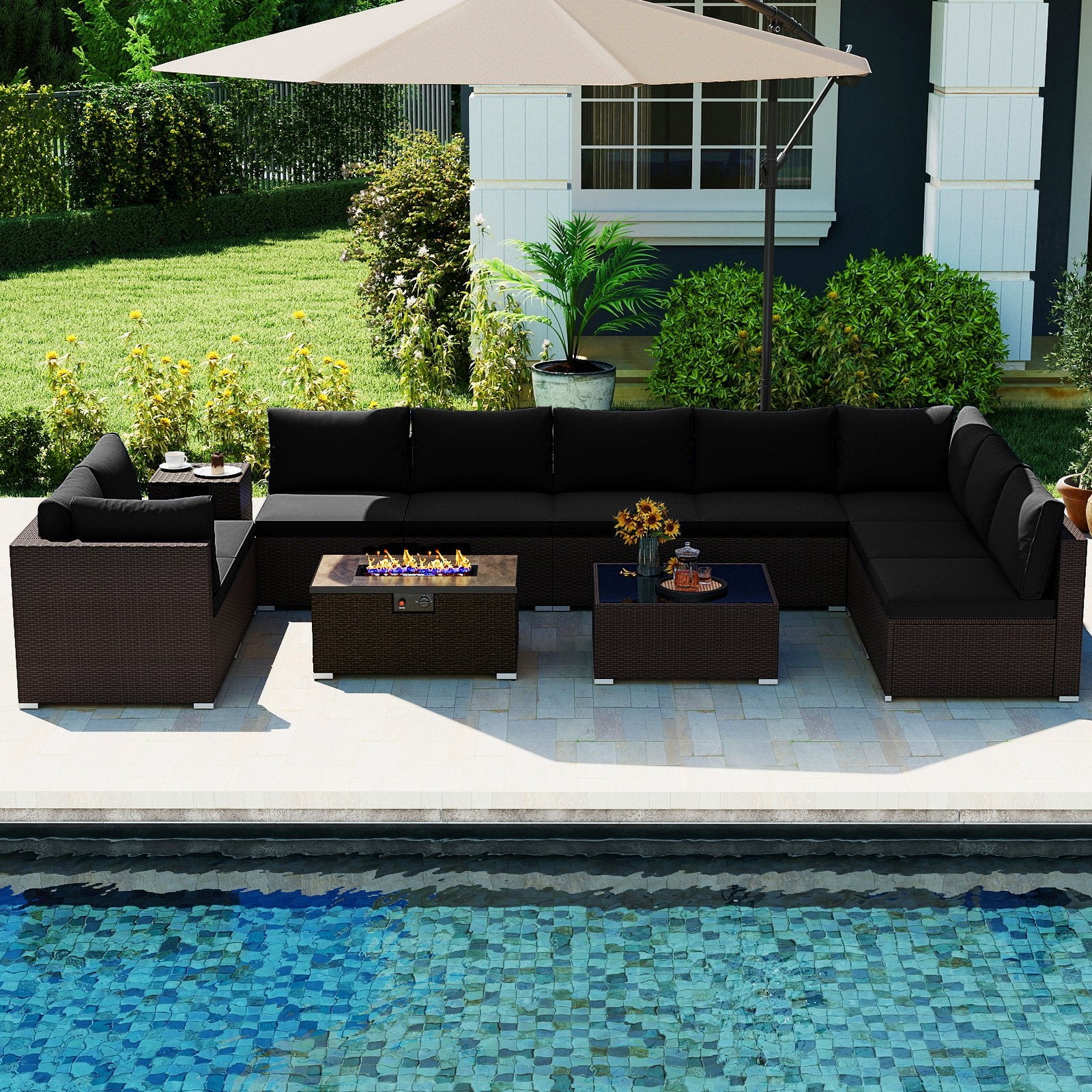 Outdoor PE Rattan Conversation Set with 32” Propane Fire Pit Table and Tank Holder, Black Patio Conversation Sets at Gallery Canada