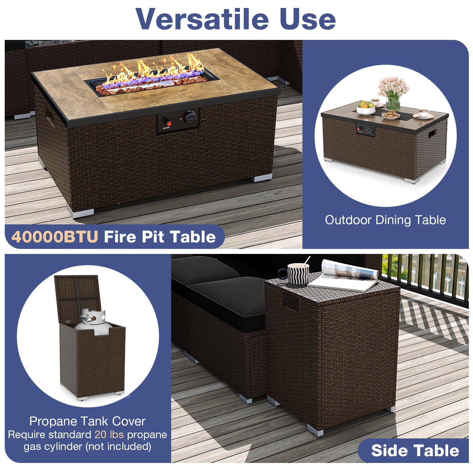 Outdoor PE Rattan Conversation Set with 32” Propane Fire Pit Table and Tank Holder, Black Patio Conversation Sets at Gallery Canada