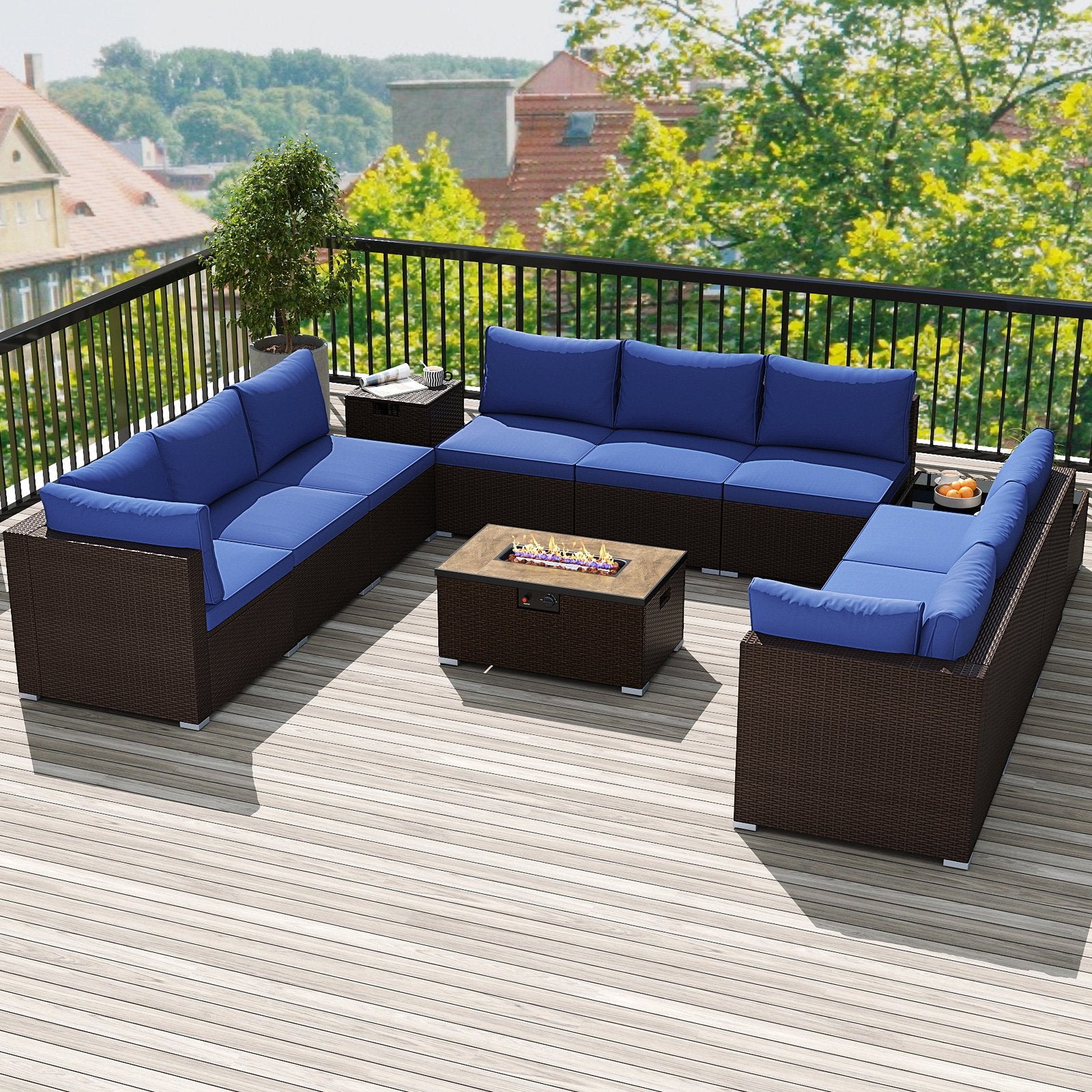 Outdoor PE Rattan Conversation Set with 32” Propane Fire Pit Table and Tank Holder, Navy Patio Conversation Sets at Gallery Canada
