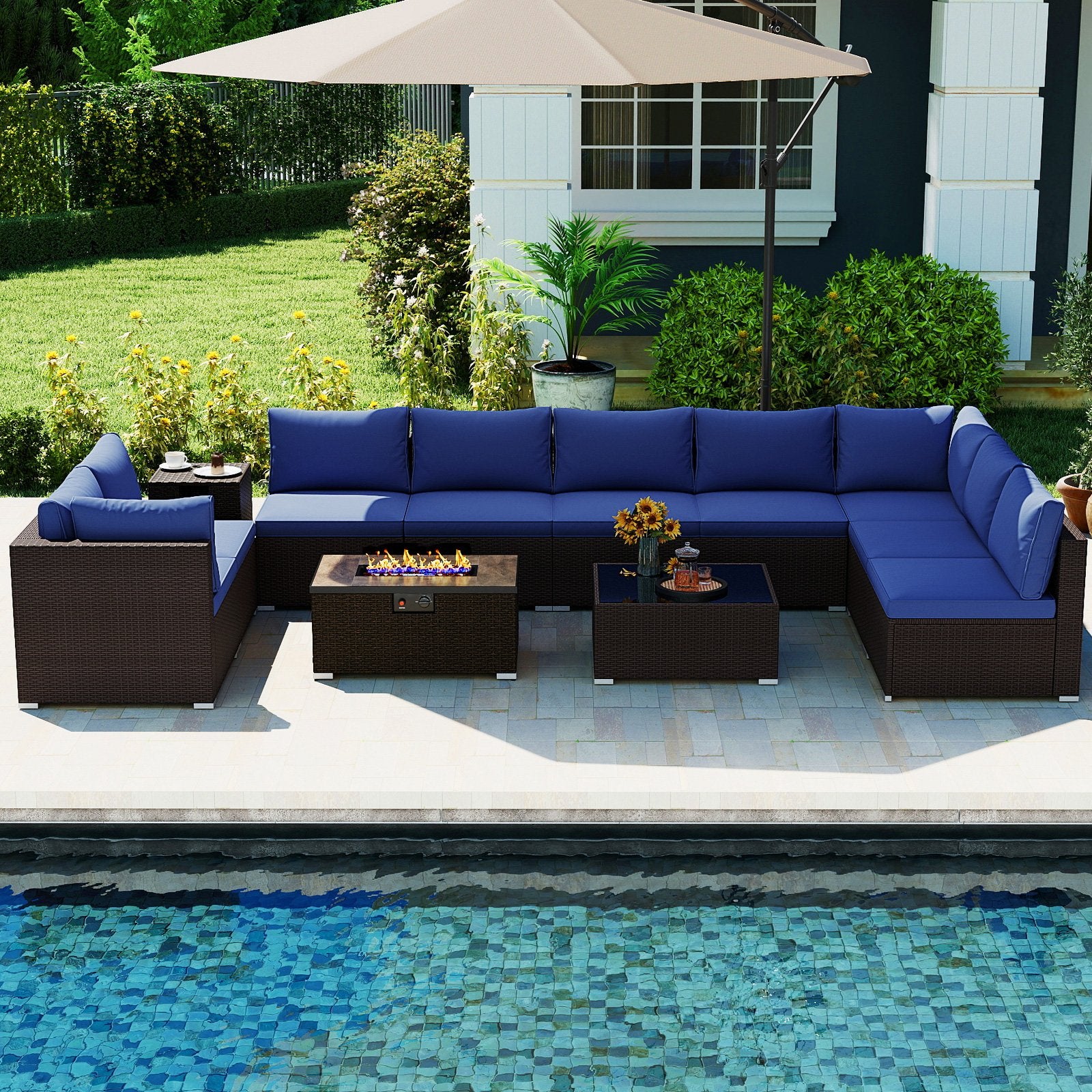 Outdoor PE Rattan Conversation Set with 32” Propane Fire Pit Table and Tank Holder, Navy Patio Conversation Sets at Gallery Canada