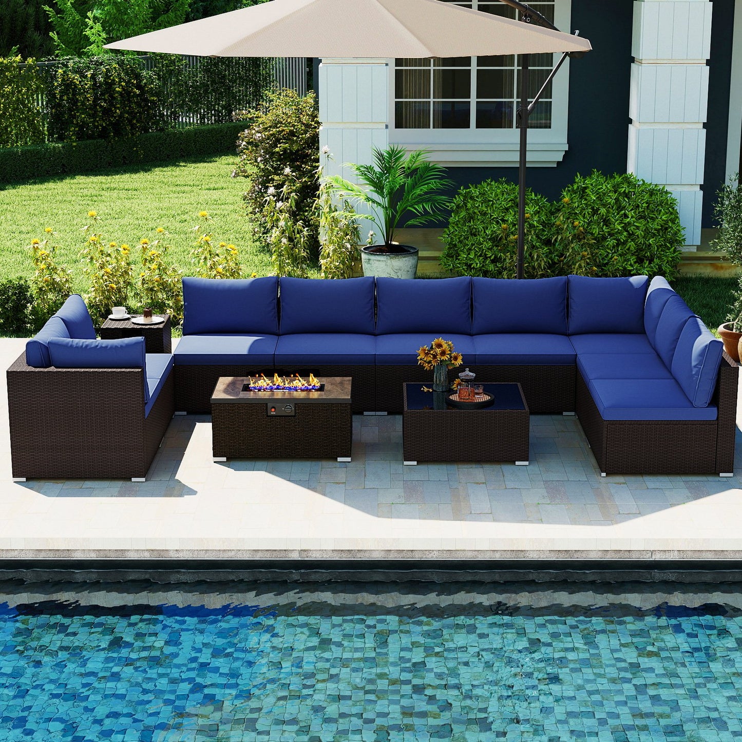 Outdoor PE Rattan Conversation Set with 32” Propane Fire Pit Table and Tank Holder, Navy Patio Conversation Sets at Gallery Canada