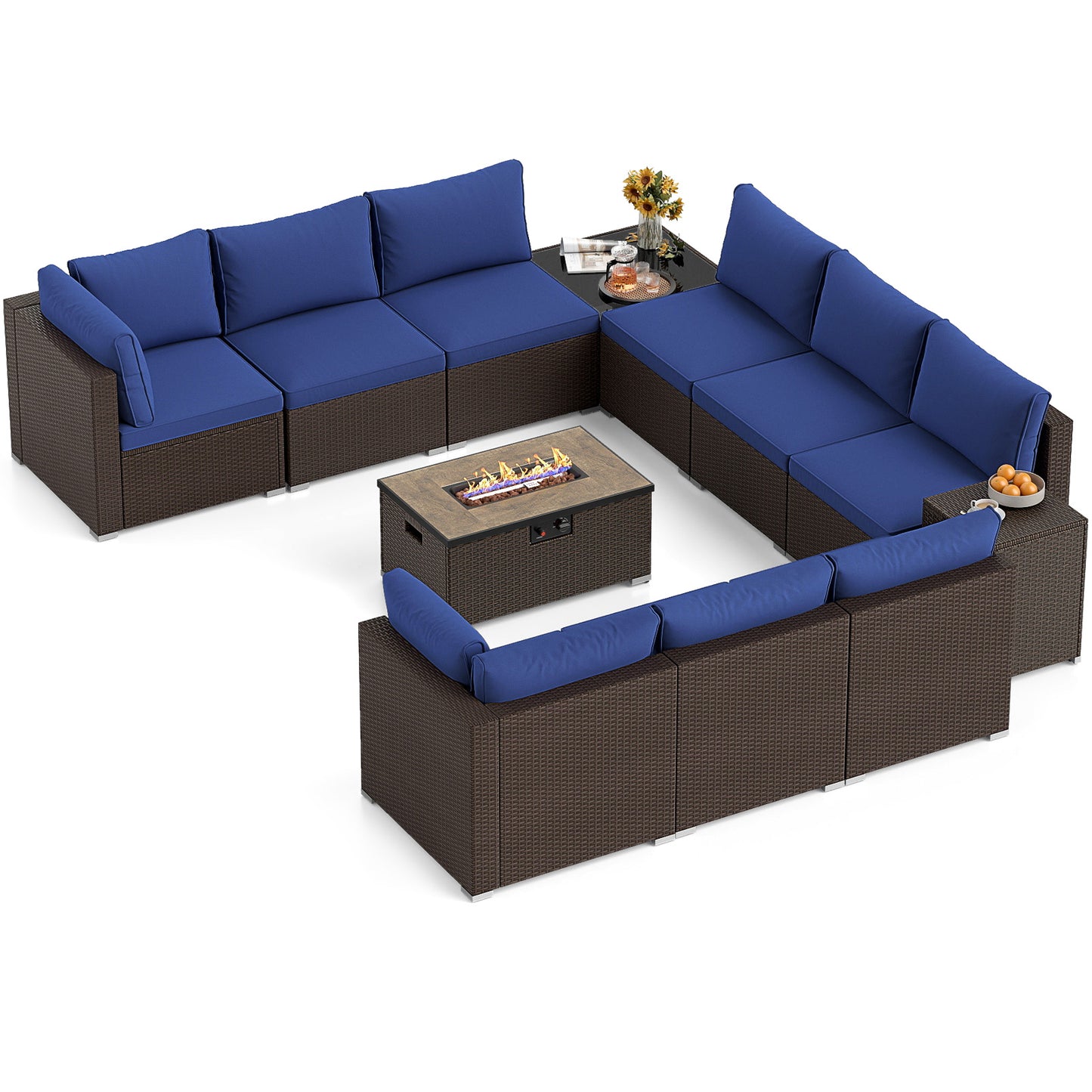 Outdoor Rattan Conversation Set, 32” Propane Fire Pit Table, Navy Patio Conversation Sets at Gallery Canada
