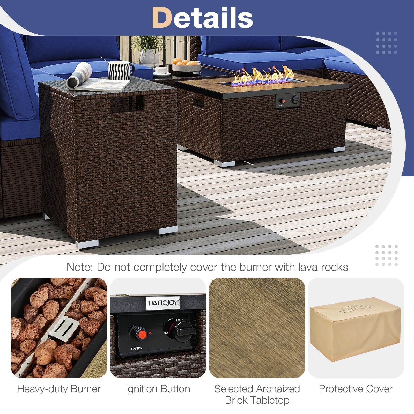 Outdoor PE Rattan Conversation Set with 32” Propane Fire Pit Table and Tank Holder, Navy Patio Conversation Sets at Gallery Canada