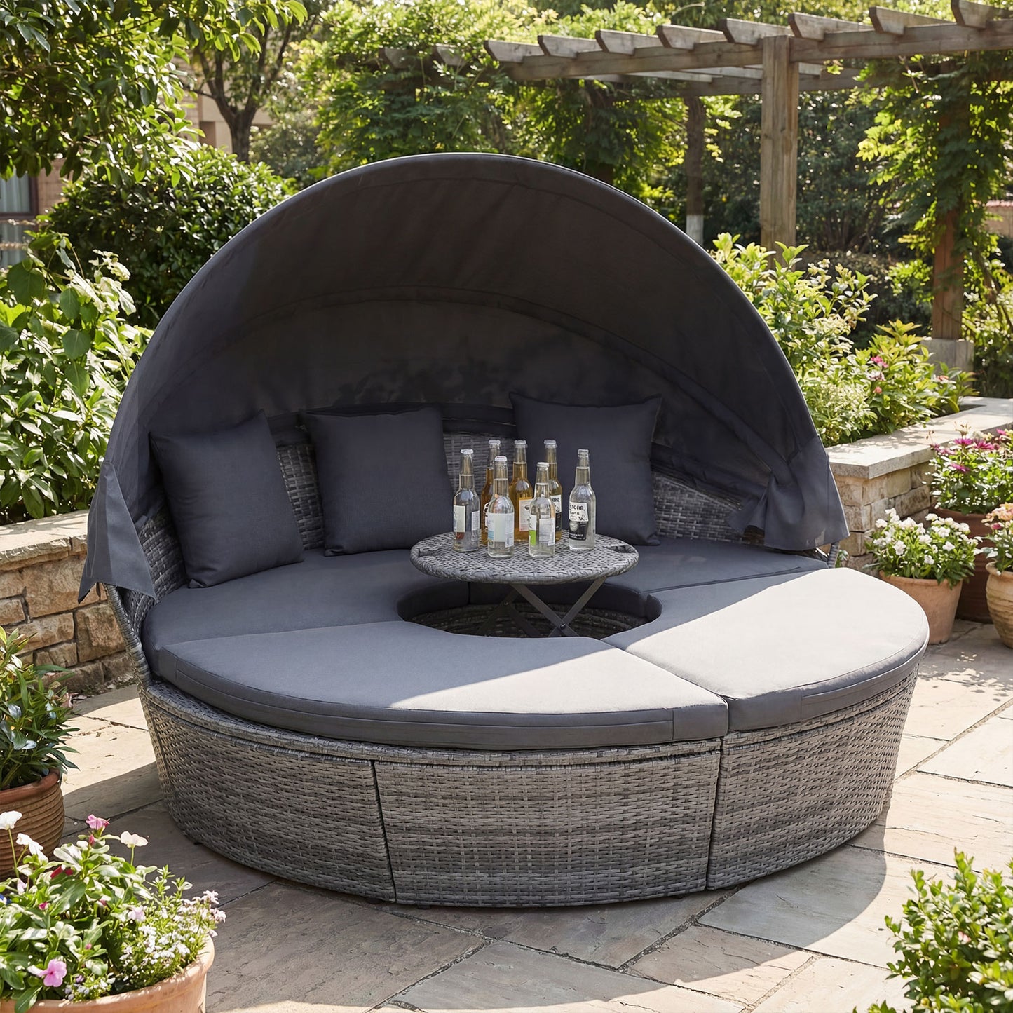 Outdoor PE Wicker Round Daybed, Retractable Canopy, Cushions, Gray Outdoor Sectionals at Gallery Canada