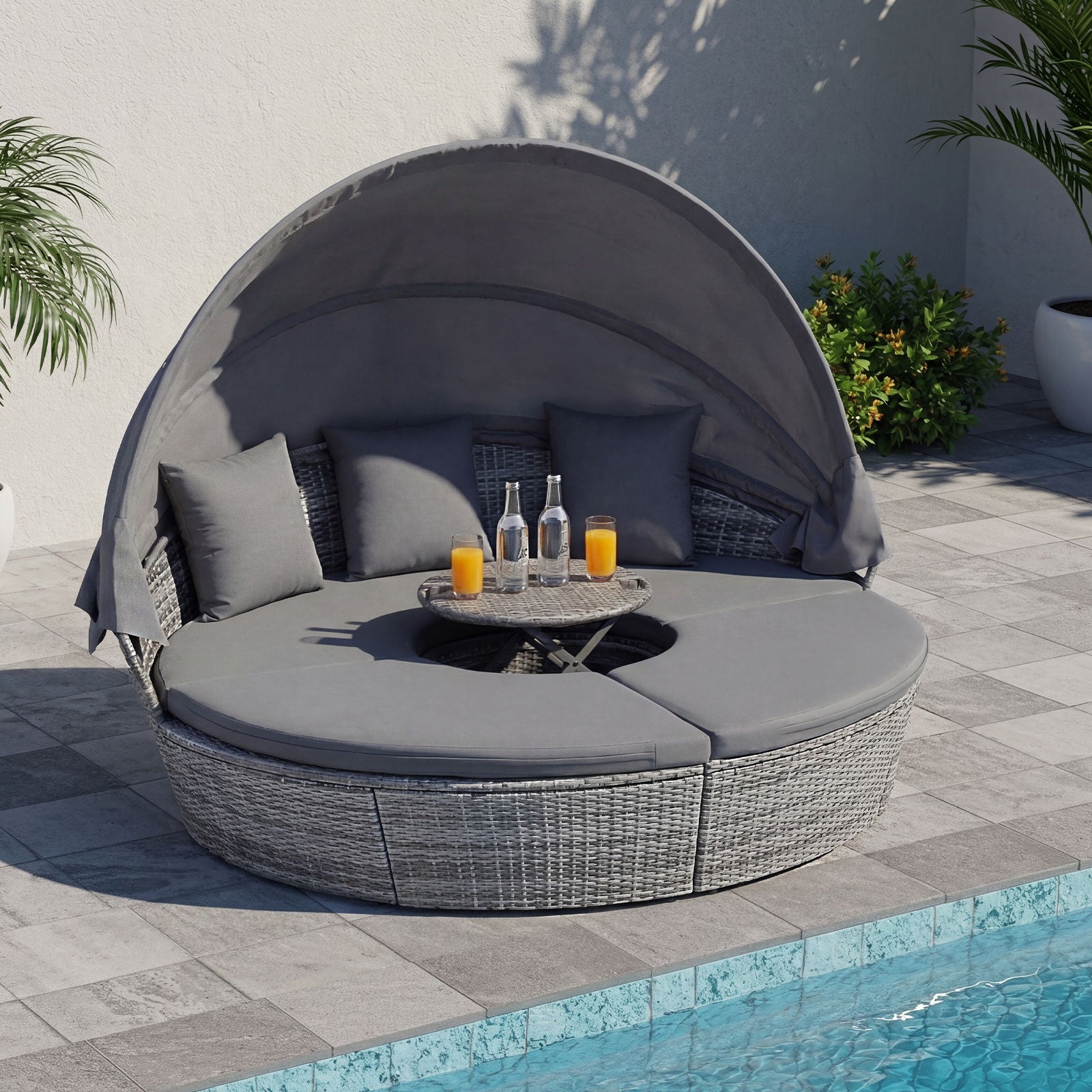 Outdoor PE Wicker Round Daybed, Retractable Canopy, Cushions, Gray Outdoor Sectionals at Gallery Canada