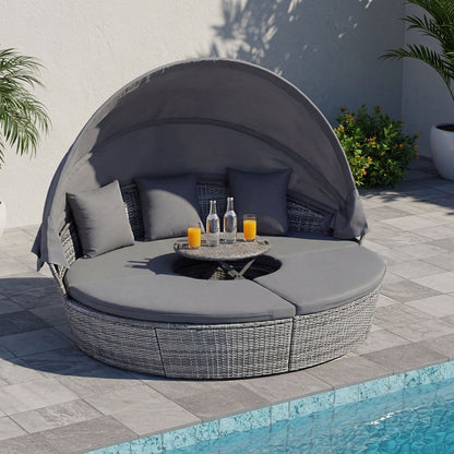 Outdoor PE Wicker Round Daybed, Retractable Canopy, Cushions, Gray Outdoor Sectionals at Gallery Canada