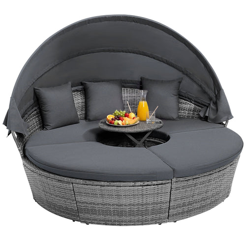 Outdoor PE Wicker Round Daybed, Retractable Canopy, Cushions, Gray