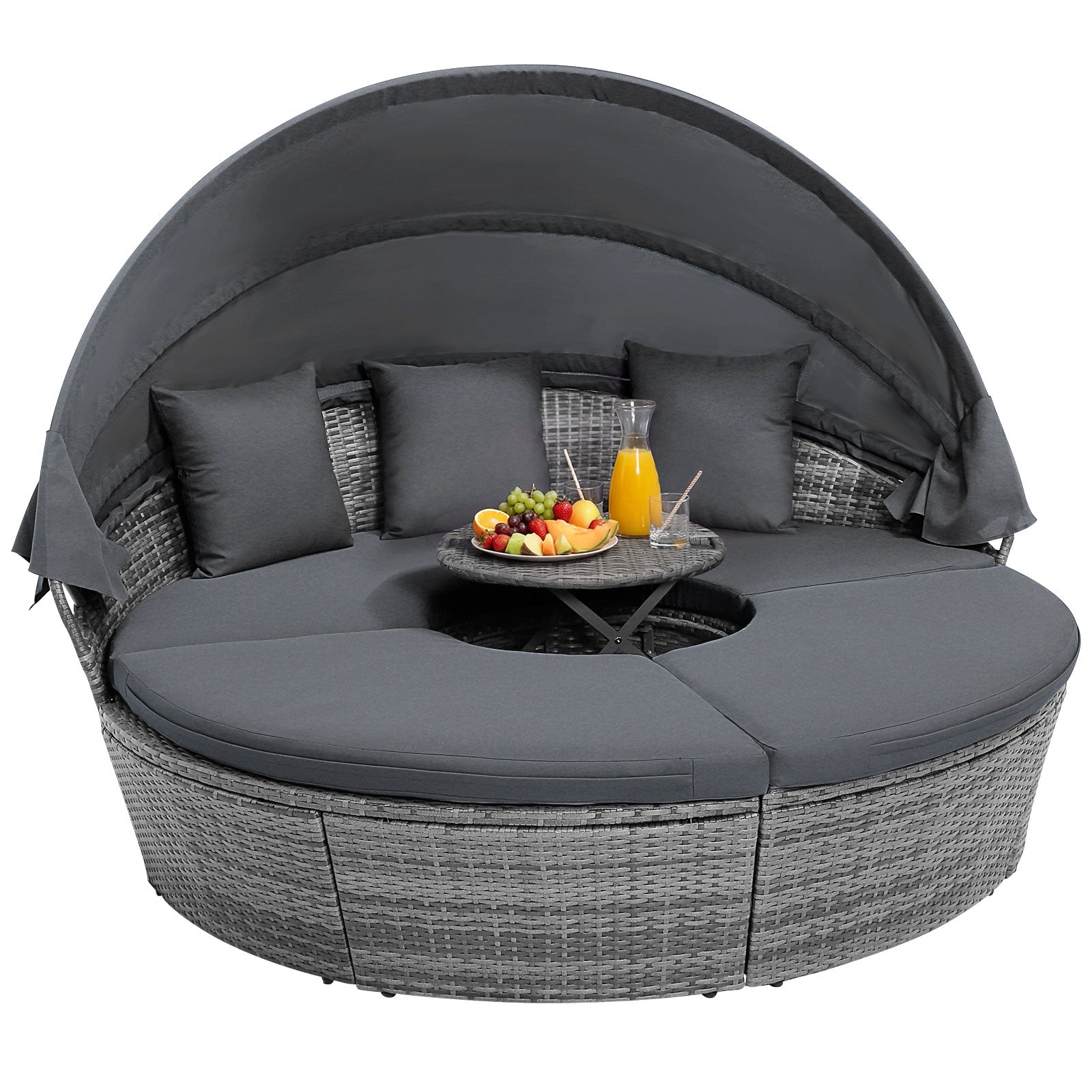 Outdoor PE Wicker Round Daybed, Retractable Canopy, Cushions, Gray Outdoor Sectionals at Gallery Canada