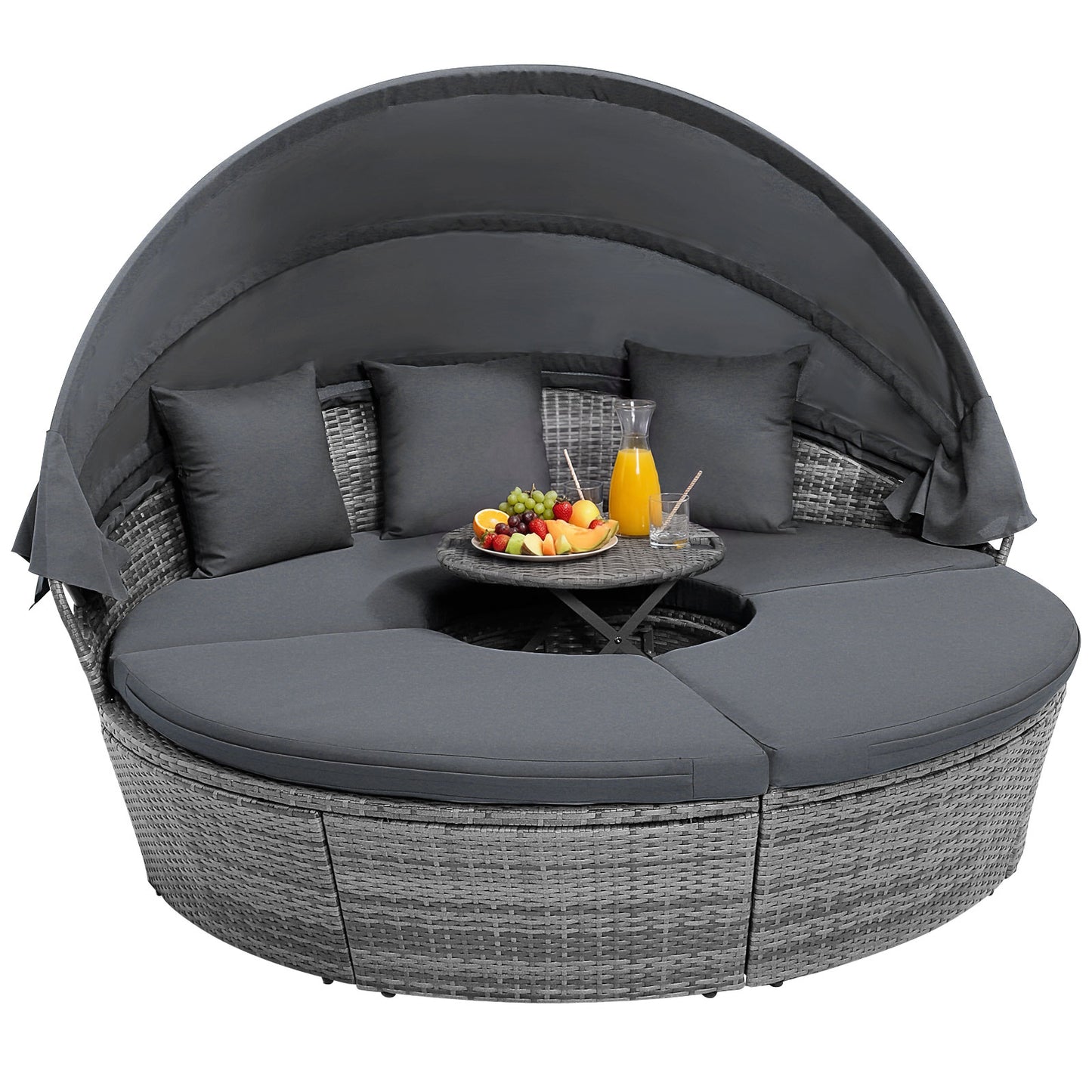 Outdoor PE Wicker Round Daybed, Retractable Canopy, Cushions, Gray Outdoor Sectionals at Gallery Canada
