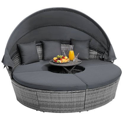 Outdoor PE Wicker Round Daybed, Retractable Canopy, Cushions, Gray Outdoor Sectionals at Gallery Canada