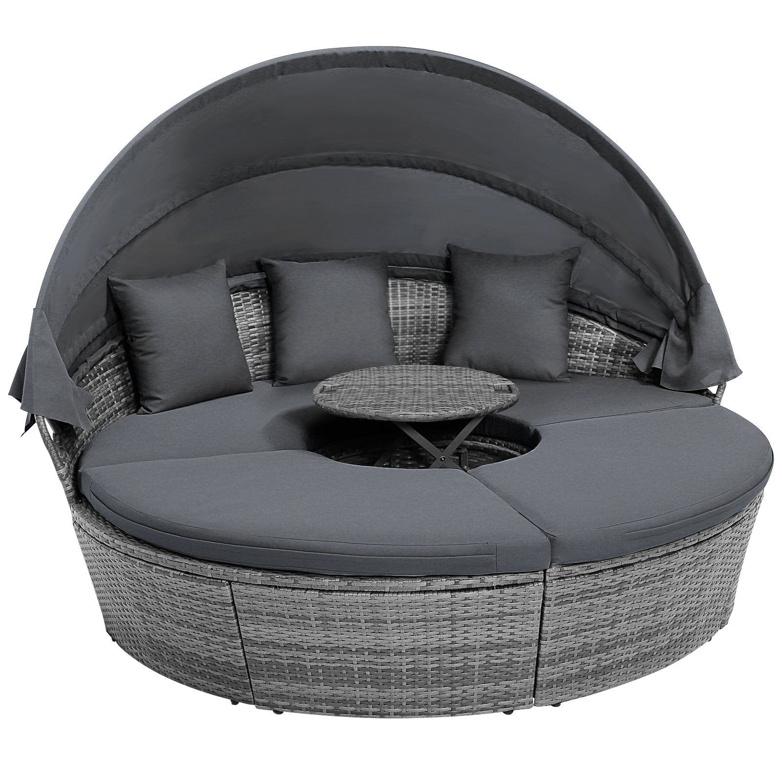 Outdoor PE Wicker Round Daybed, Retractable Canopy, Cushions, Gray Outdoor Sectionals at Gallery Canada