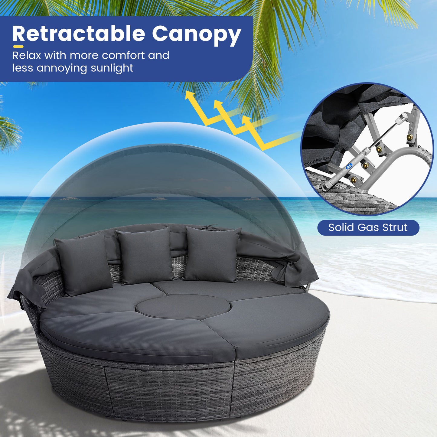 Outdoor PE Wicker Round Daybed, Retractable Canopy, Cushions, Gray Outdoor Sectionals at Gallery Canada