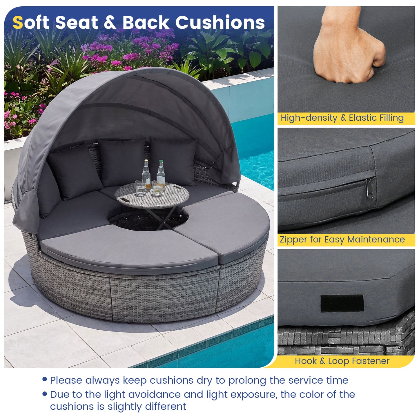 Outdoor PE Wicker Round Daybed, Retractable Canopy, Cushions, Gray Outdoor Sectionals at Gallery Canada