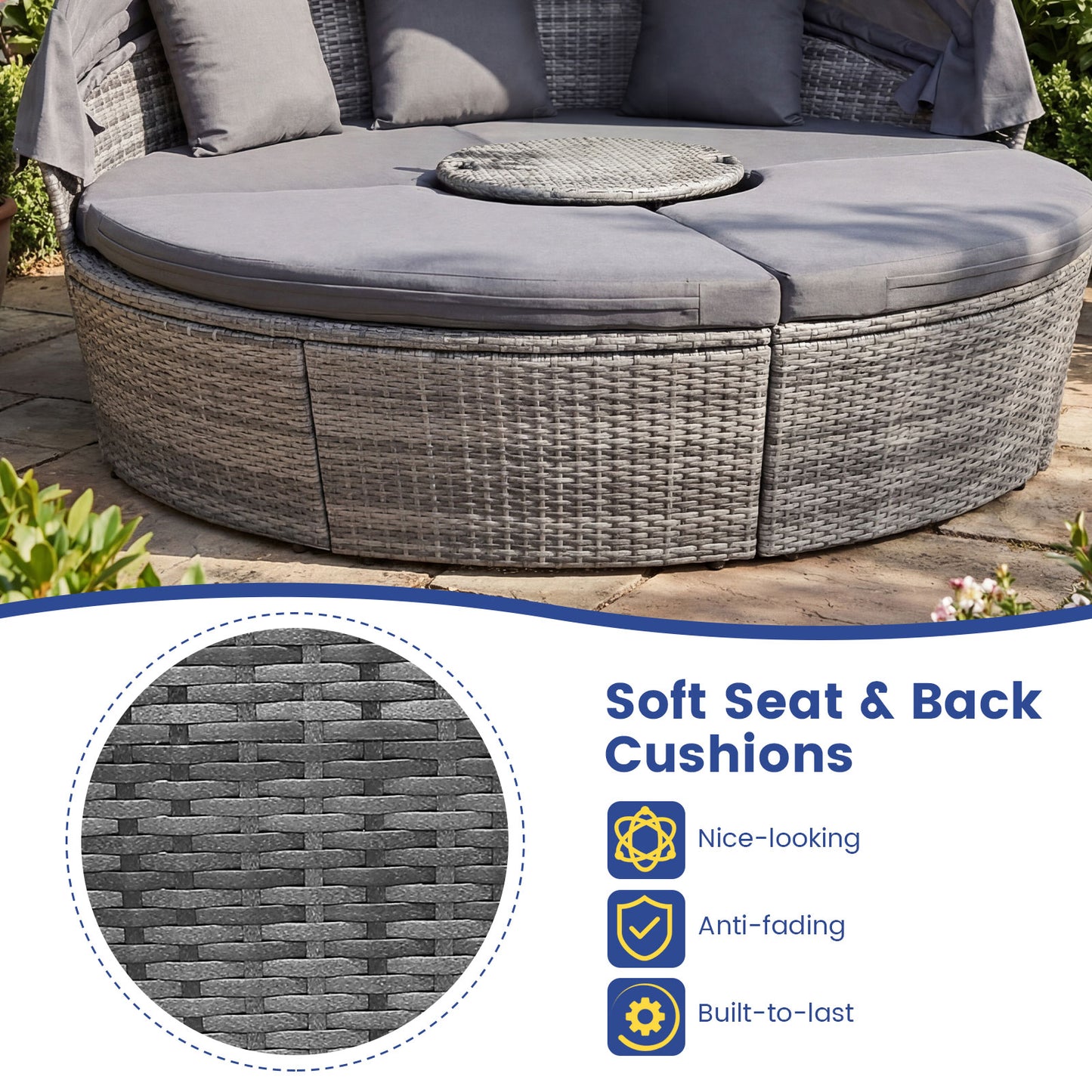 Outdoor PE Wicker Round Daybed, Retractable Canopy, Cushions, Gray Outdoor Sectionals at Gallery Canada