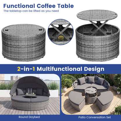 Outdoor PE Wicker Round Daybed, Retractable Canopy, Cushions, Gray Outdoor Sectionals at Gallery Canada