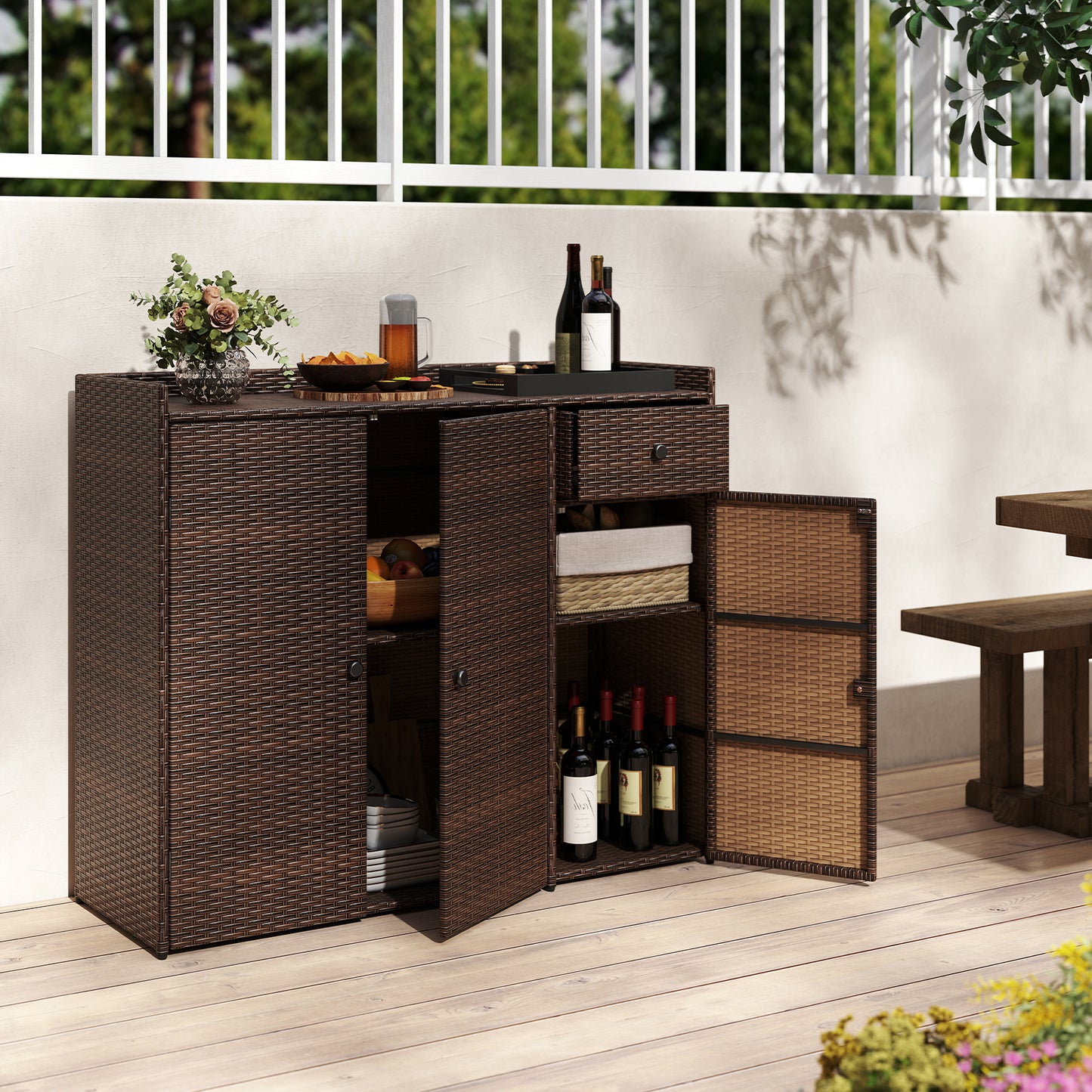 Outdoor PE Wicker Storage Cabinet, 3 Doors, For Deck Outdoor Storage & Garages at Gallery Canada