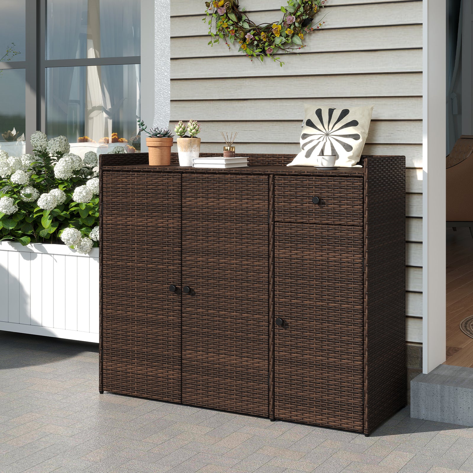 Outdoor PE Wicker Storage Cabinet, 3 Doors, For Deck Outdoor Storage & Garages at Gallery Canada