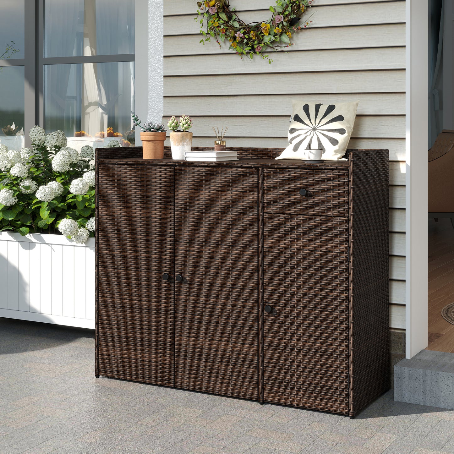 Outdoor PE Wicker Storage Cabinet, 3 Doors, For Deck Outdoor Storage & Garages at Gallery Canada