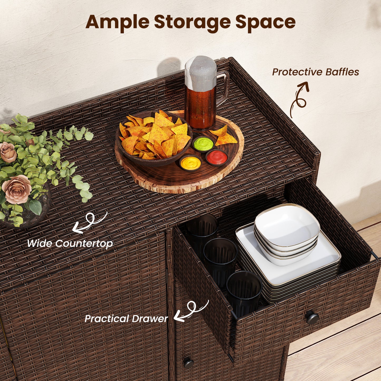 Outdoor PE Wicker Storage Cabinet, 3 Doors, For Deck Outdoor Storage & Garages at Gallery Canada