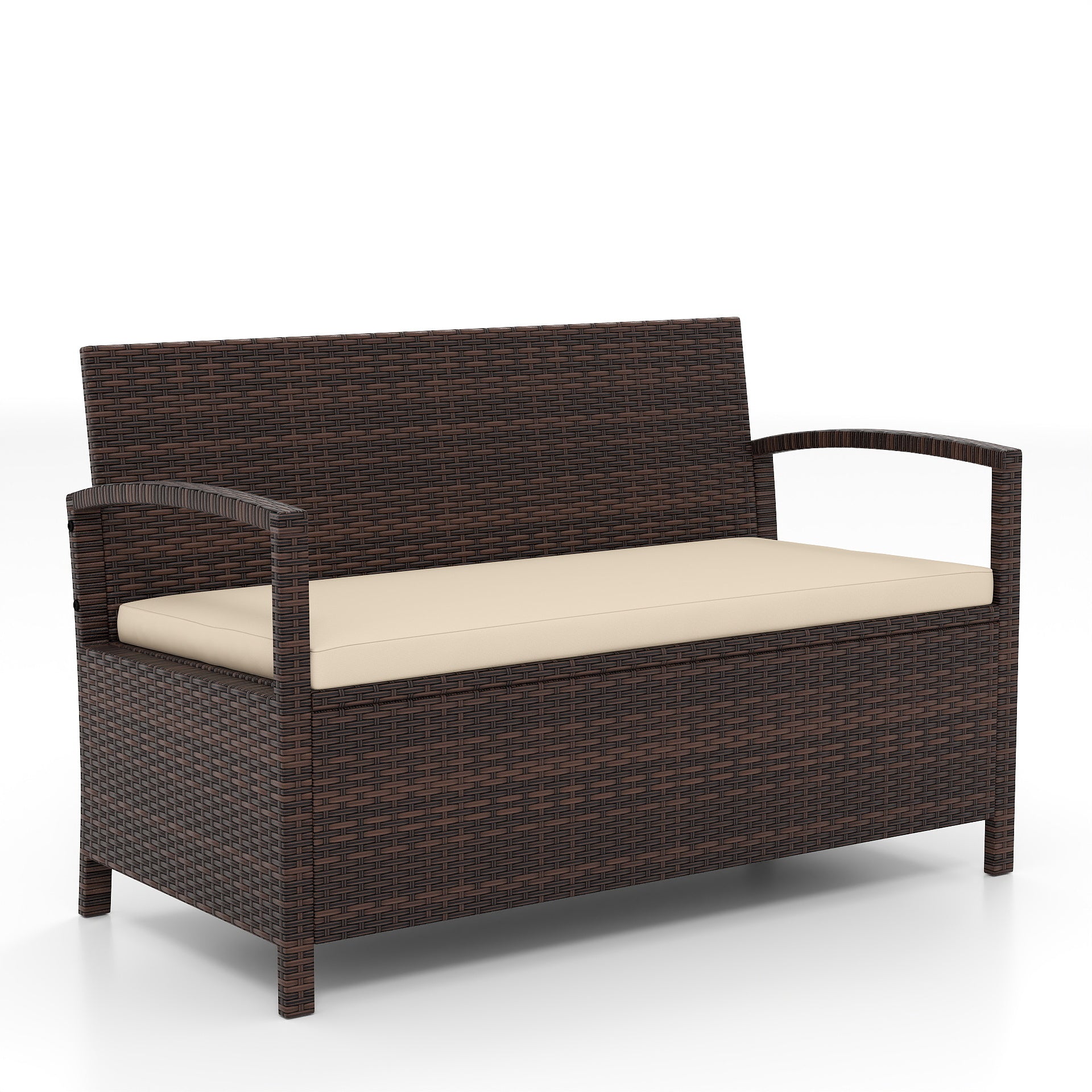 Outdoor PE Wicker Storage Bench 2 Seater with Cushion and 42 Gallon Deck Box, Beige Outdoor Benches Beige at Gallery Canada