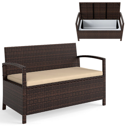 Outdoor PE Wicker Storage Bench 2 Seater with Cushion and 42 Gallon Deck Box, Beige Outdoor Benches at Gallery Canada