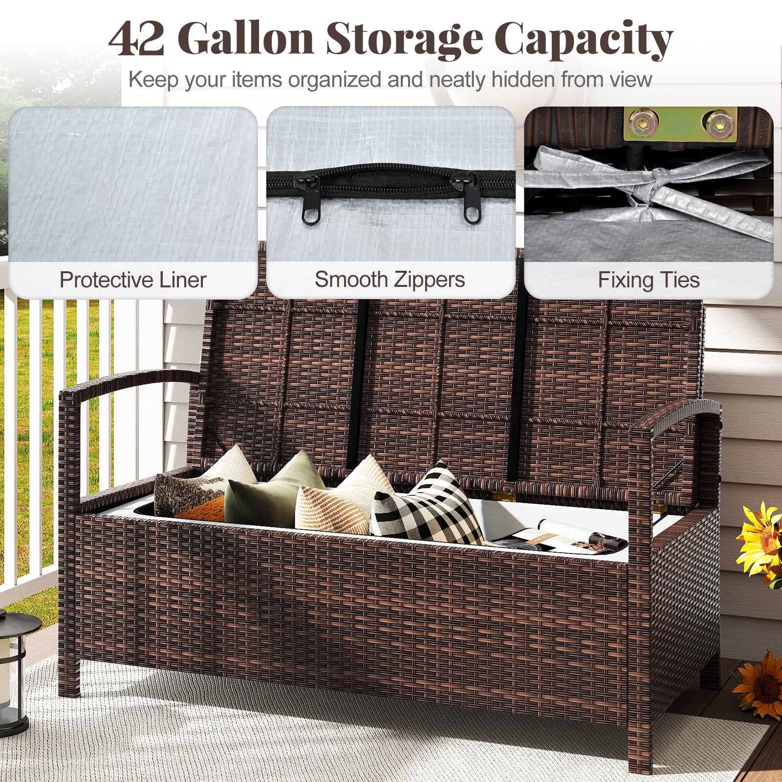 Outdoor PE Wicker Storage Bench 2 Seater with Cushion and 42 Gallon Deck Box, Beige Outdoor Benches at Gallery Canada