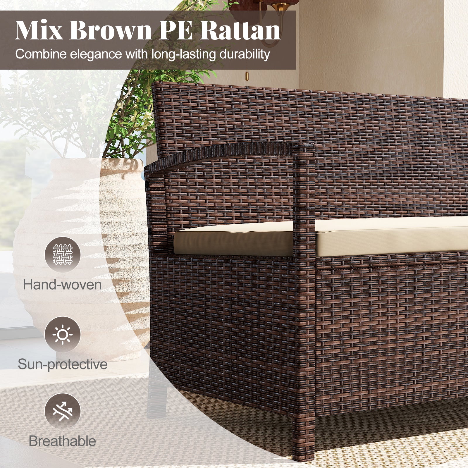Outdoor PE Wicker Storage Bench 2 Seater with Cushion and 42 Gallon Deck Box, Beige Outdoor Benches at Gallery Canada