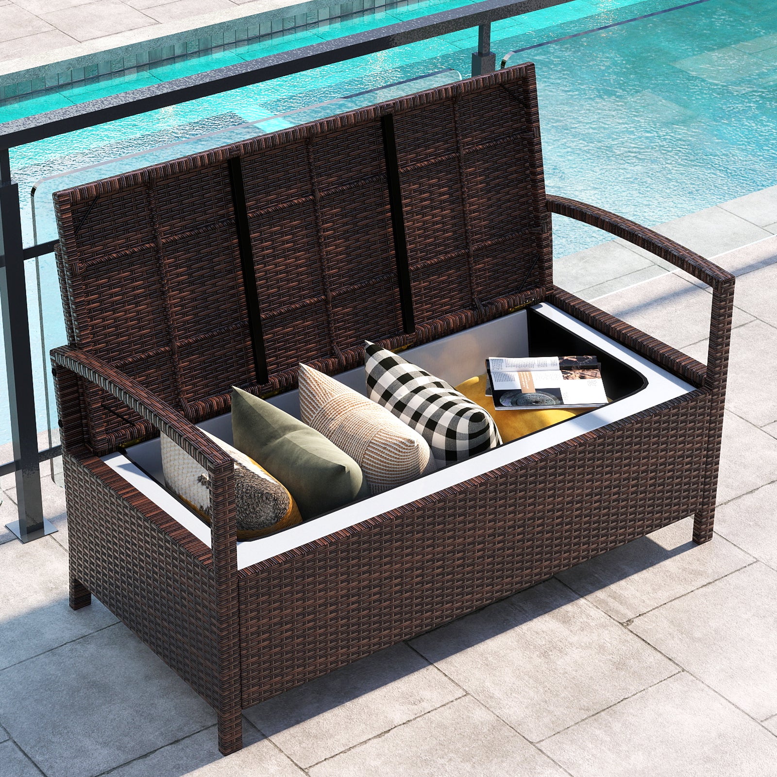 Outdoor PE Wicker Storage Bench 2 Seater with Cushion and 42 Gallon Deck Box, Beige Outdoor Benches at Gallery Canada