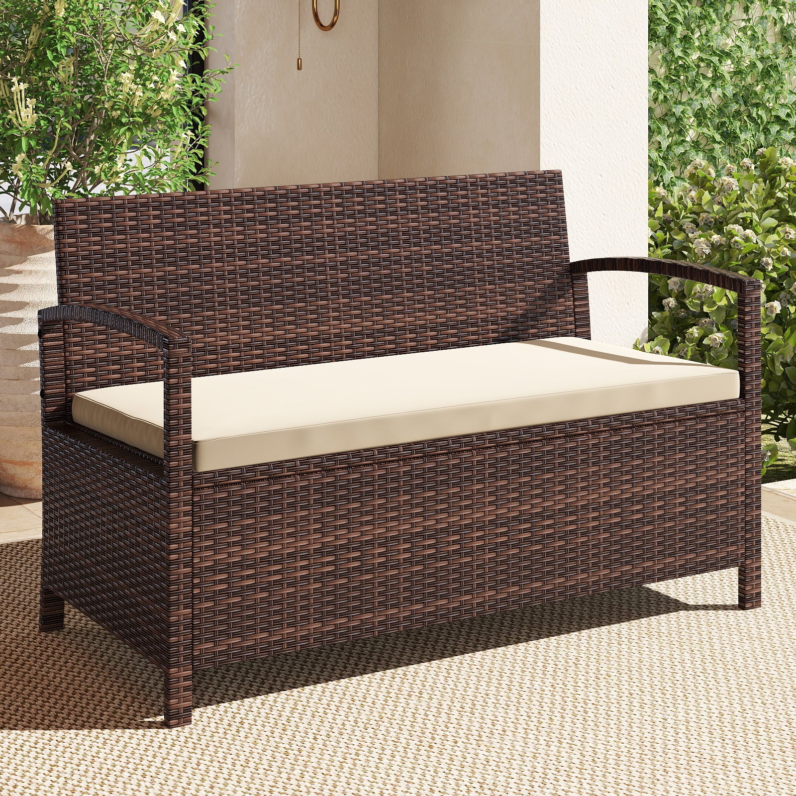 Outdoor PE Wicker Storage Bench 2 Seater with Cushion and 42 Gallon Deck Box, Beige Outdoor Benches at Gallery Canada