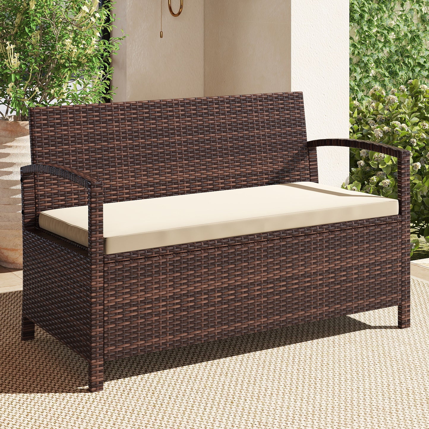 Outdoor PE Wicker Storage Bench 2 Seater with Cushion and 42 Gallon Deck Box, Beige Outdoor Benches at Gallery Canada