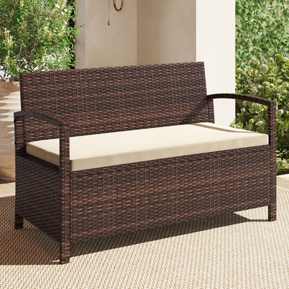 Outdoor PE Wicker Storage Bench 2 Seater with Cushion and 42 Gallon Deck Box, Beige Outdoor Benches at Gallery Canada