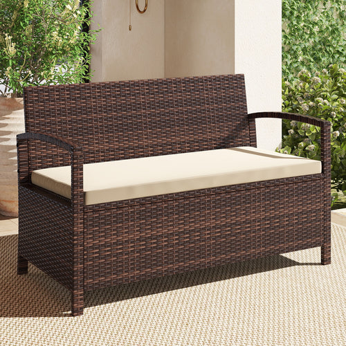 Outdoor PE Wicker Storage Bench 2 Seater with Cushion and 42 Gallon Deck Box, Beige