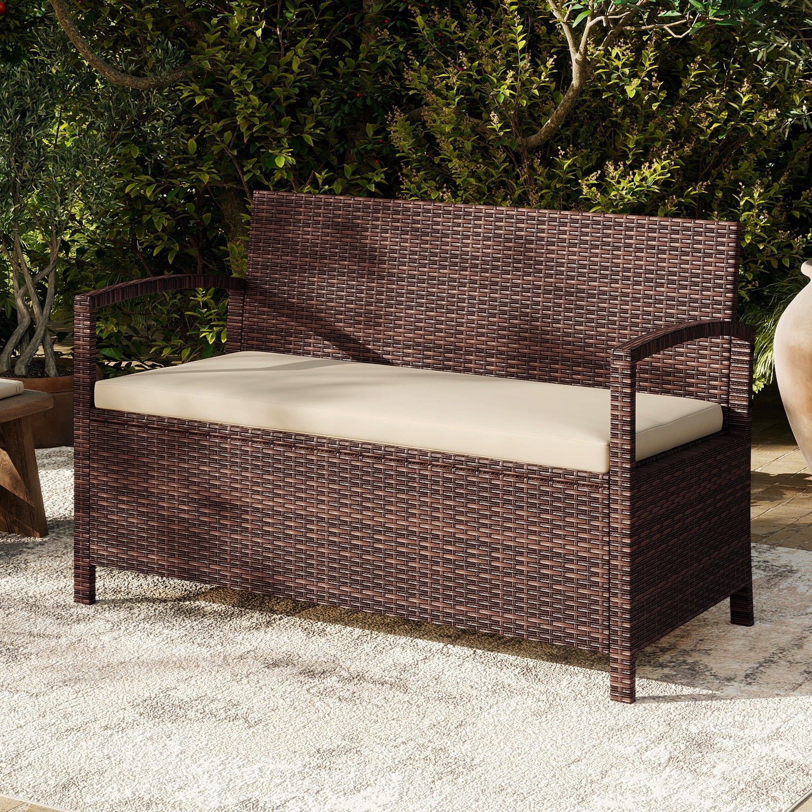 Outdoor PE Wicker Storage Bench 2 Seater with Cushion and 42 Gallon Deck Box, Beige Outdoor Benches at Gallery Canada