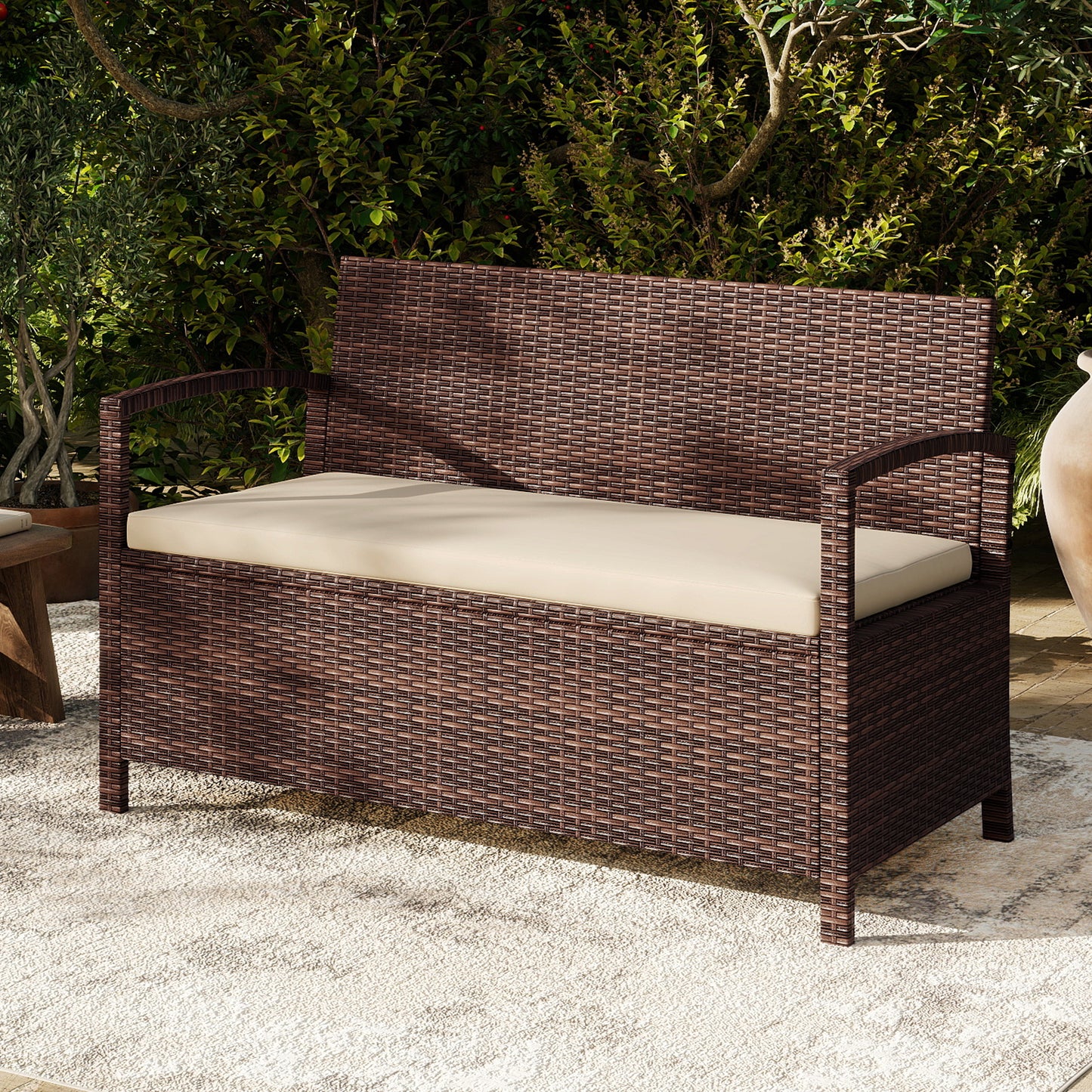Outdoor PE Wicker Storage Bench 2 Seater with Cushion and 42 Gallon Deck Box, Beige Outdoor Benches at Gallery Canada