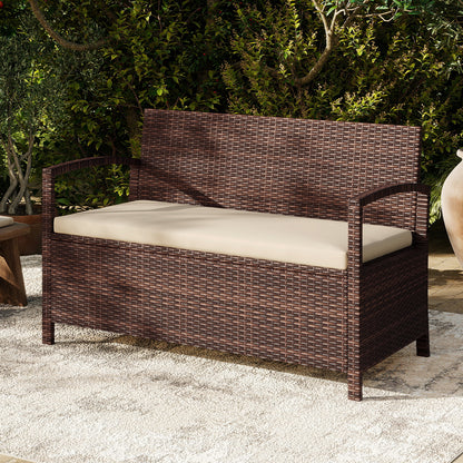Outdoor PE Wicker Storage Bench 2 Seater with Cushion and 42 Gallon Deck Box, Beige Outdoor Benches at Gallery Canada