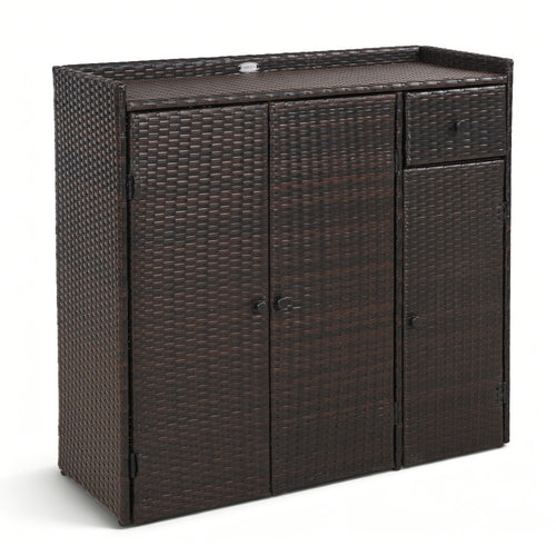 Outdoor PE Wicker Storage Cabinet with 3 Doors and Adjustable Shelves and Drawer, Brown