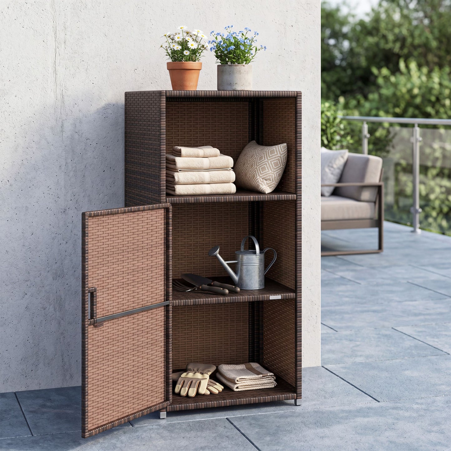 Outdoor PE Wicker Storage Cabinet with Door and Open Compartment for Patio, Brown Sheds & Outdoor Storage at Gallery Canada