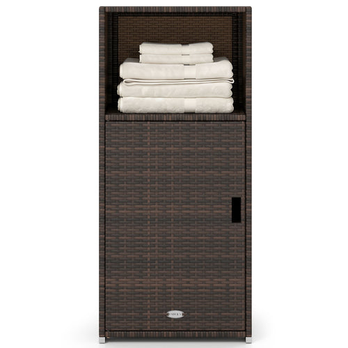 Outdoor PE Wicker Storage Cabinet with Door and Open Compartment for Patio, Brown