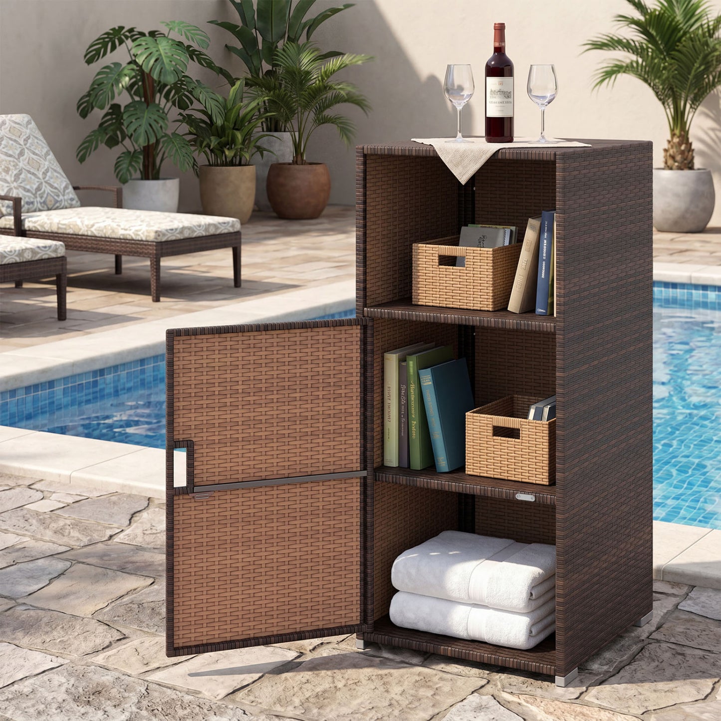 Outdoor PE Wicker Storage Cabinet with Door and Open Compartment for Patio, Brown Sheds & Outdoor Storage at Gallery Canada