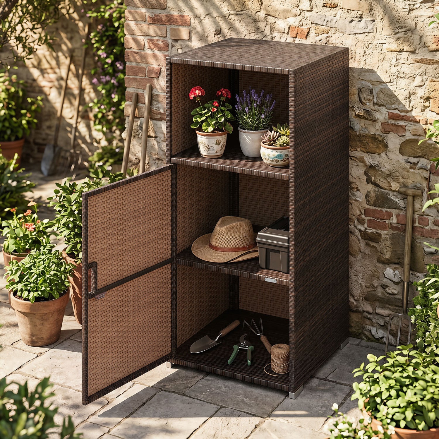 Outdoor PE Wicker Storage Cabinet with Door and Open Compartment for Patio, Brown Sheds & Outdoor Storage at Gallery Canada