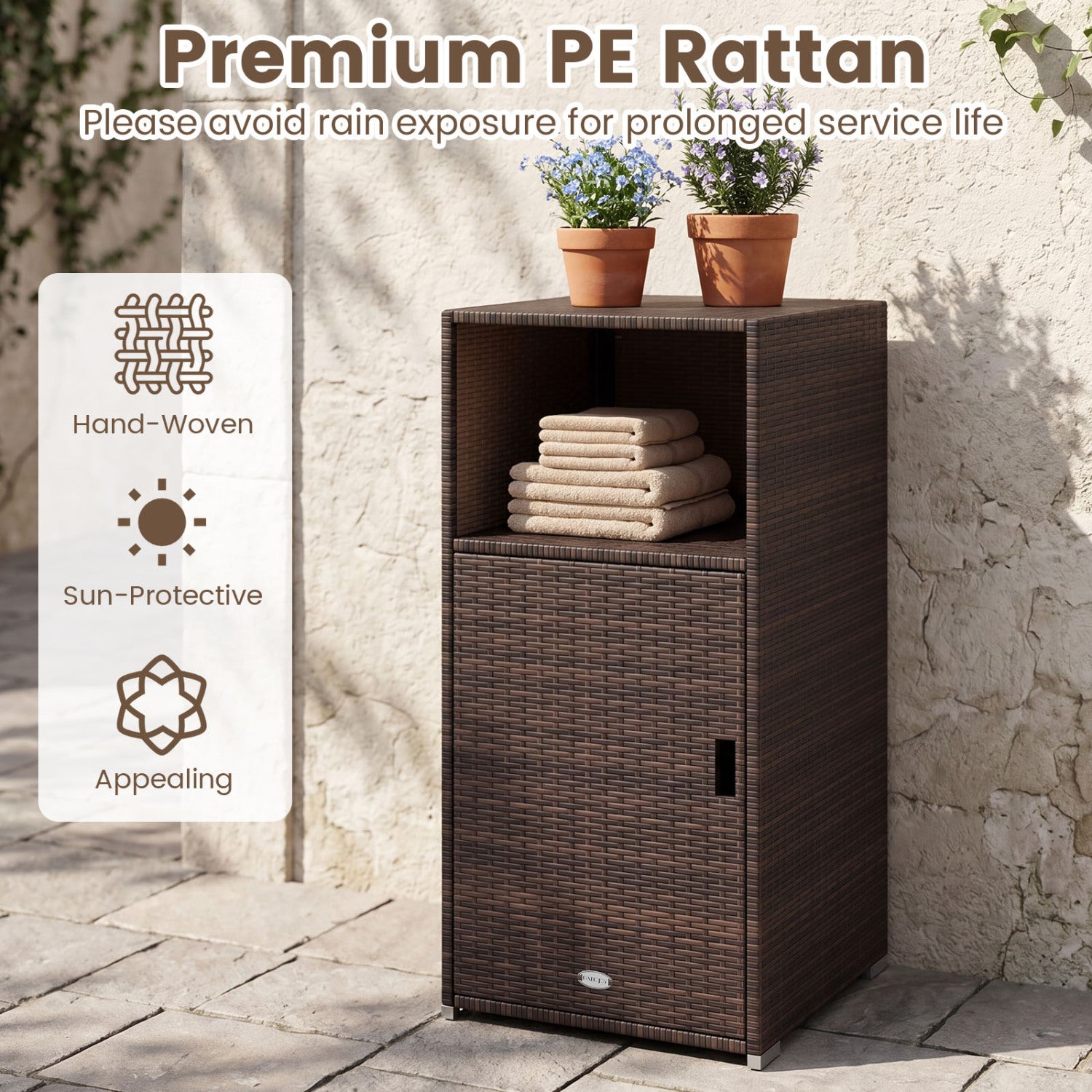 Outdoor PE Wicker Storage Cabinet with Door and Open Compartment for Patio, Brown Sheds & Outdoor Storage at Gallery Canada